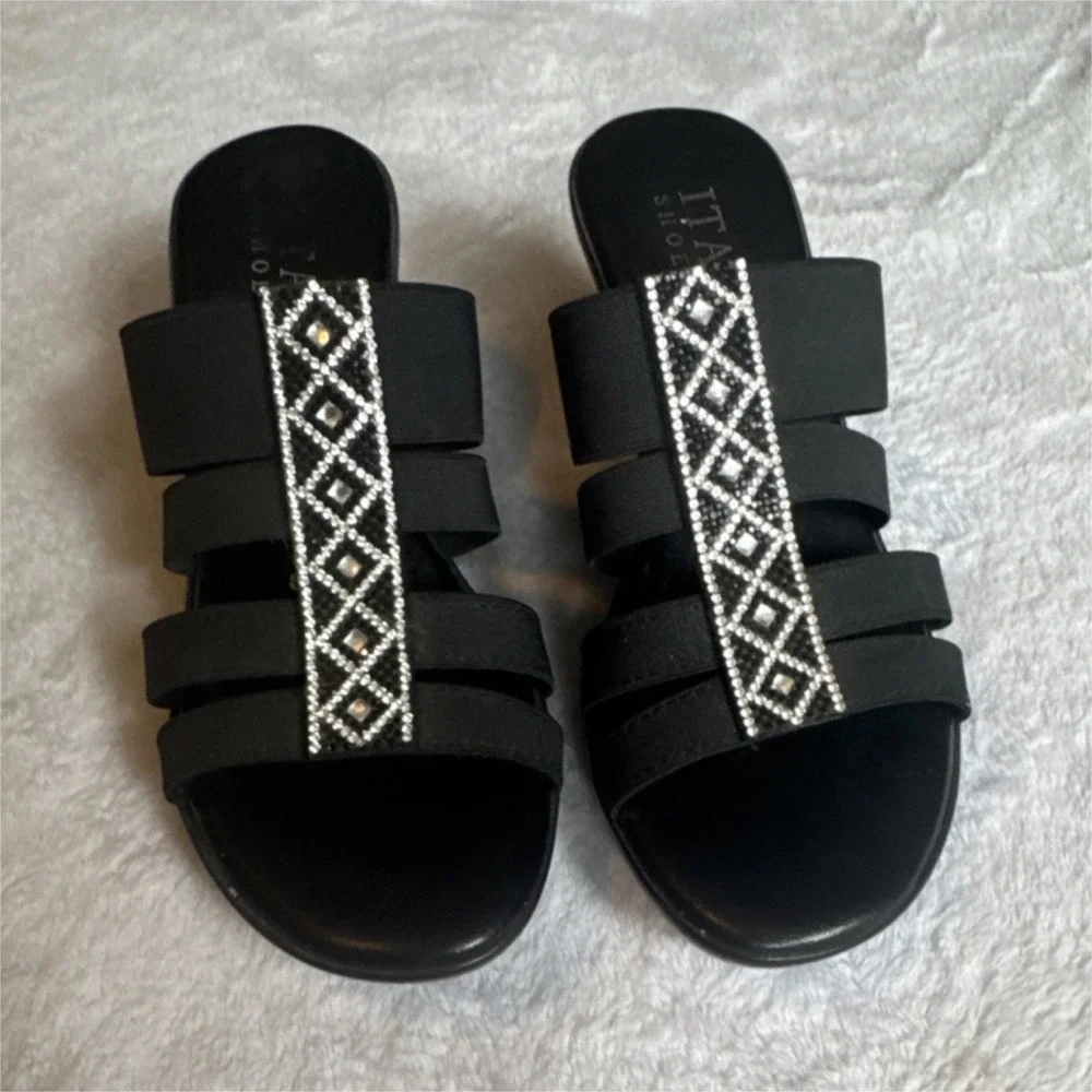 Italian Shoemakers‎ Black Beaded Strappy Wedge Sandals Women's Size 6.5